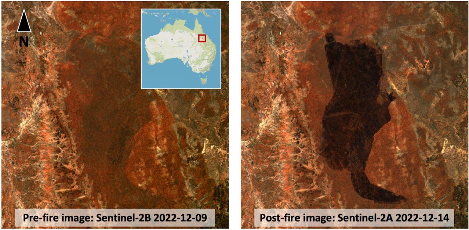 The comparison of Sentinel-2B and Sentinel-2A images before and after the fire, that started on December 12, 2022 in Queensland, Australia 