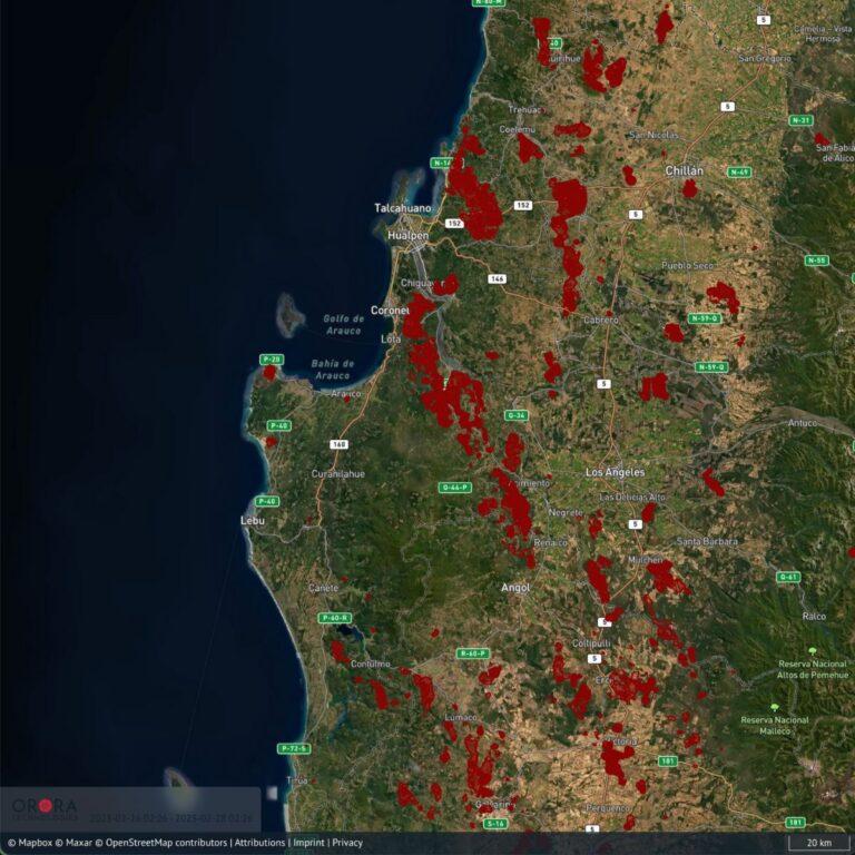 The image shows multiple red zones, indicating the burnt areas over Chile. OroraTech’s new Burnt Area Mapping feature shows all the burnt scar detections spotted over the country as of February 28, 2023, through the burnt area product from Sentinel-3 satellite. 