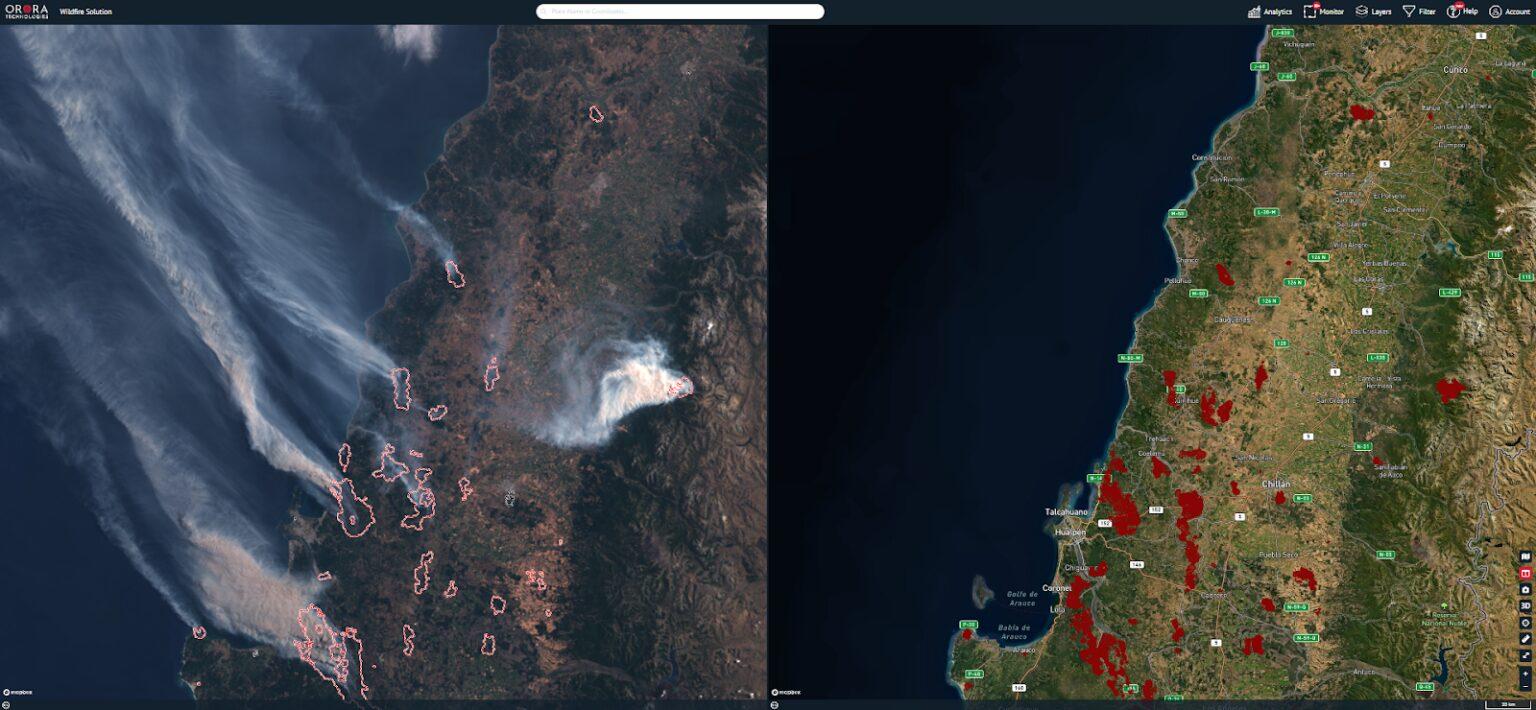 Satellite image via OroraTech’s Wildfire Solution platform displays Valparaiso-Maule area, central Chile, on 04.02. Left: Fire clusters with smoke plumes. Right: Burnt areas and affected land coverage.