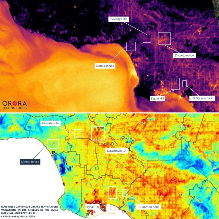 High-income areas such as Santa Monica and Beverly Hills demonstrate a more effective cooldown at night due to abundant cooling infrastructures such as green spaces, water installations, and more heat-resilient building materials. Source: OroraTech