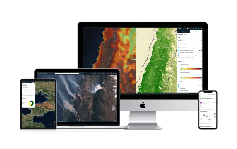 OroraTech's Wildfire Solution platform displayed on different devices