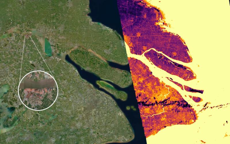 Shanghai, 15. November 2022. The thermal infrared image on the right was taken from space by OroraTech's first camera FOREST-1. It's showing large roads in the urban area of the city and several spots indicating waste heat along the coast. The left part of the image is Shanghai s through the eyes of OroraTech's Wildfire Solution (WFS). WFS not only detects wildfires, but also other heat sources on ground, like in this case a cement plant.